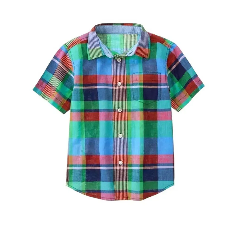Gymboree Boys Button Up Shirt S 5-6 Palm Green Plaid Boardwalk Prep Short Sleeve